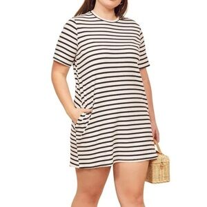 REFORMATION Black White Ceto Stripe Charli Ribbed Knit Pocket T-Shirt Dress